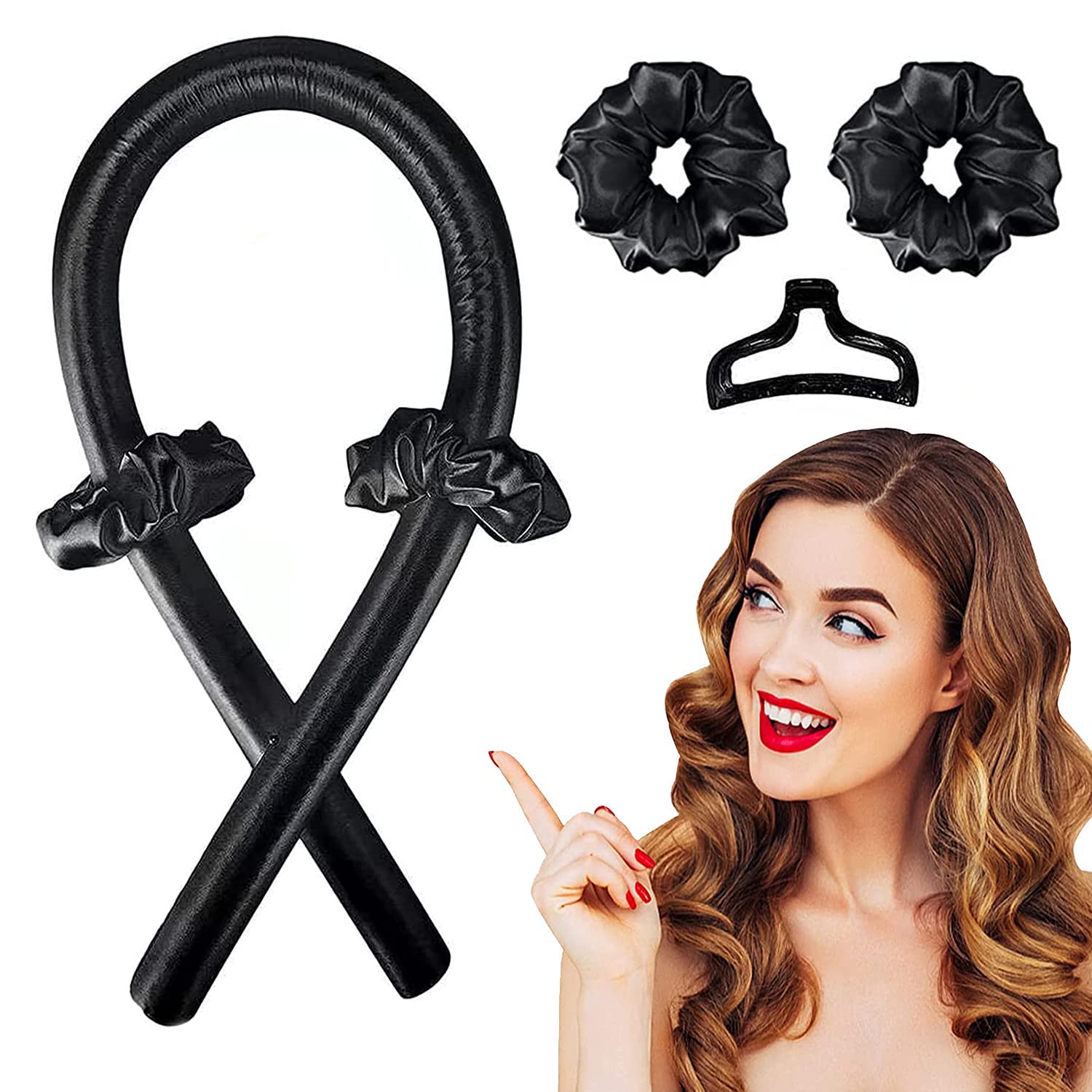 Mumoo Bear Heatless Curling Rod Headband Lazy Hair Curler No Heat Hair Rollers for Medium & Long Hair Natural Waves (Black)