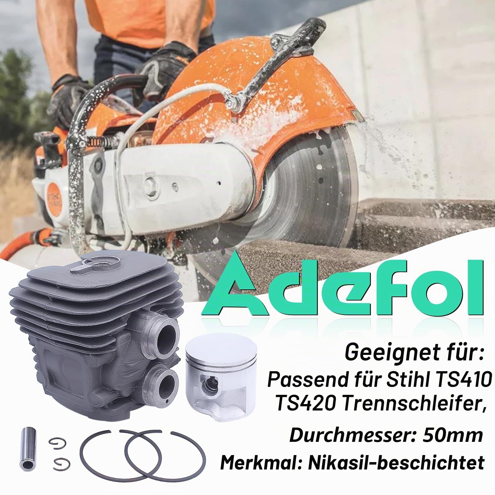 Adefol Zylinder und Kolben Kit für STIHL TS410 TS420 Trennsäge, 50mm Cylinder Piston Baugruppe + Zündkerze + Dekompressionsventil + Öldichtung + Dichtung Ersatzteile 13 in 1