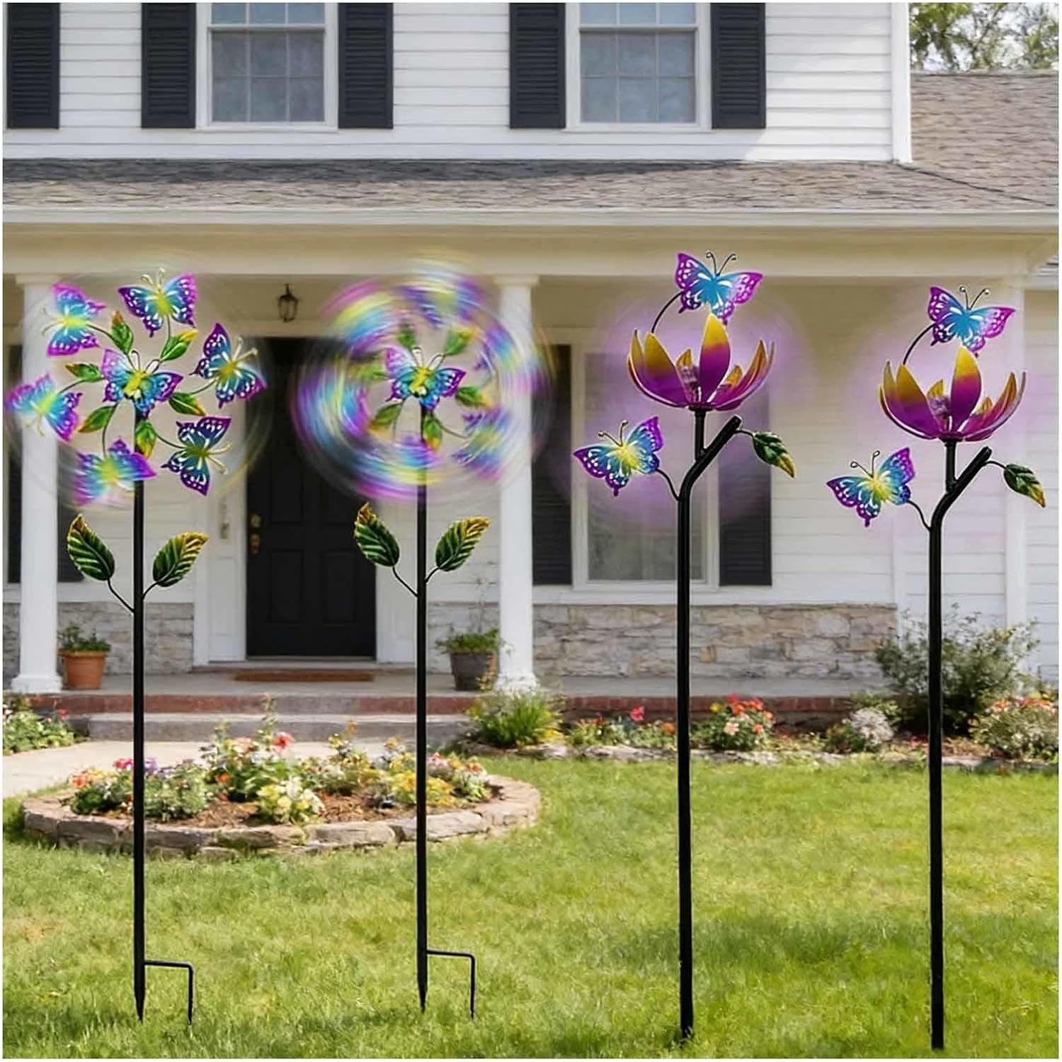 Butterfly Garden Wind Spinners, 46 inch/117cm Outdoor Windmill 360° Metal Windmills, Yard Windmills for Yard, Garden, Lawn Decor,A+B（4Packs）