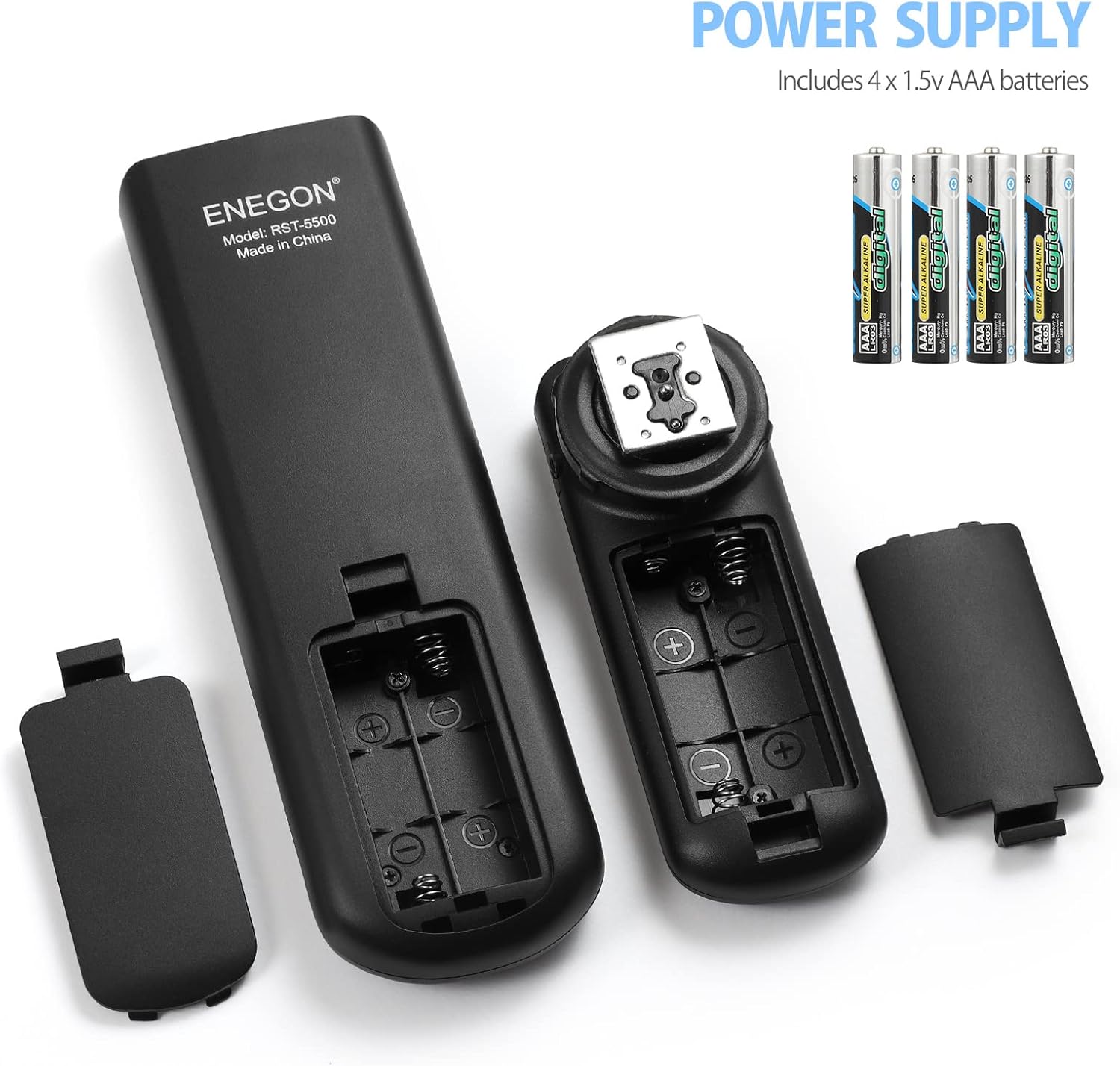 Image showing the battery compartments of the ENEGON intervalometer transmitter and receiver, indicating the use of 4 AAA batteries.