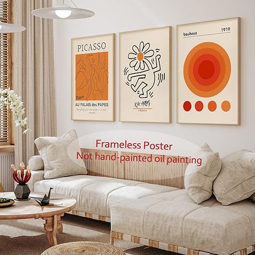 Miniatura 2 de Arte de pared naranja de mediados de siglo, Keith Haring Bauhaus Picasso, arte de pared, póster de la exposición Picasso Bauhaus, lienzo beige y