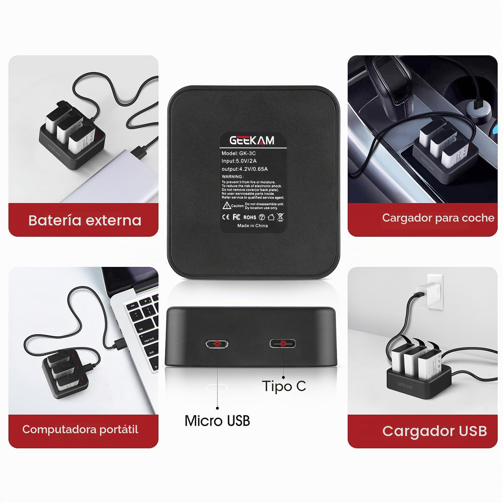 Bateria Camara Deportiva, 3 x 1350mAh Batería Recargable con 3 Canales Cargador Compatible con AKASO brave4/v50x/brave6/EK7000, Apexcam, COOAU, Dragon Touch, Exprotrek, EKEN, PG1050, S009R