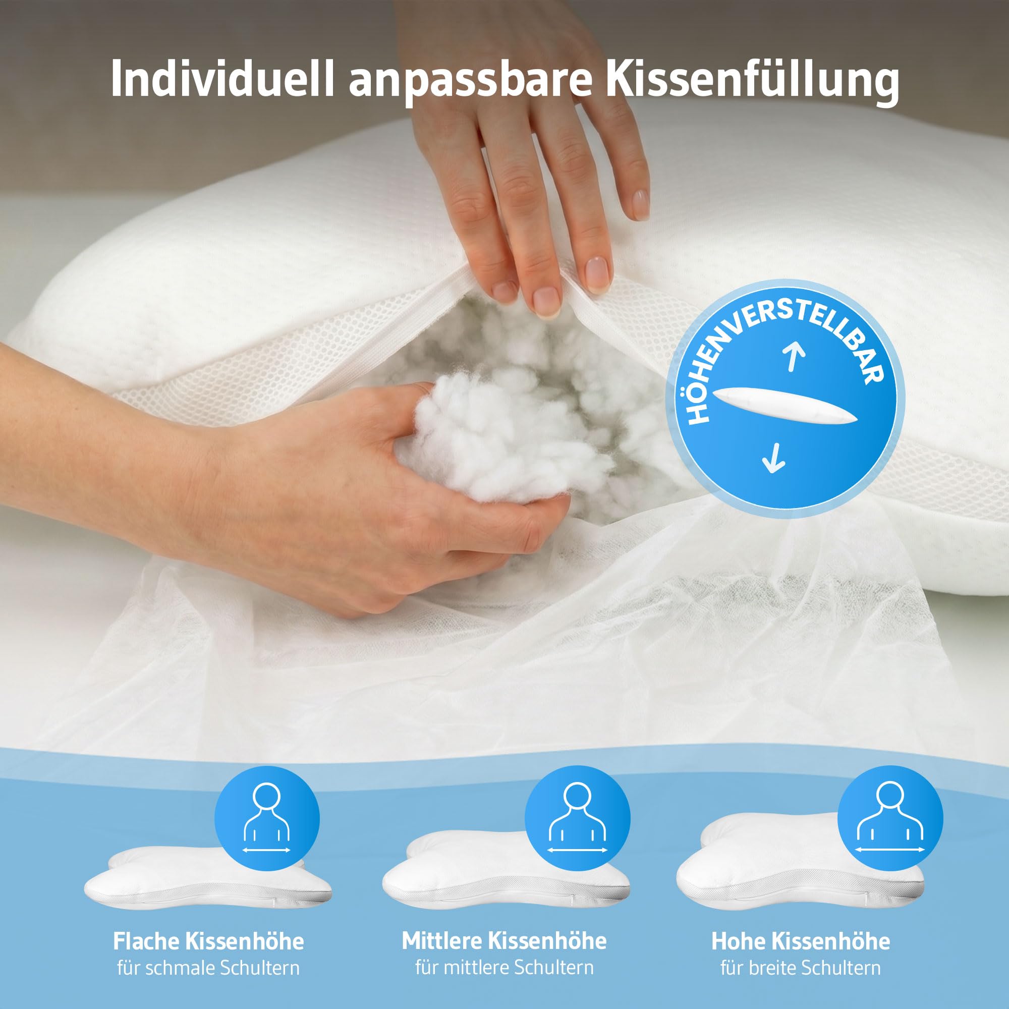 Third of Life Almohada Mariposa Ajustable en Altura para Dormir de Lado, cómoda y ergonómica, con Relleno Suave de Fibras Huecas y Tejido Transpirable con Mesh, fácil de Lavar, Hecha en Europa