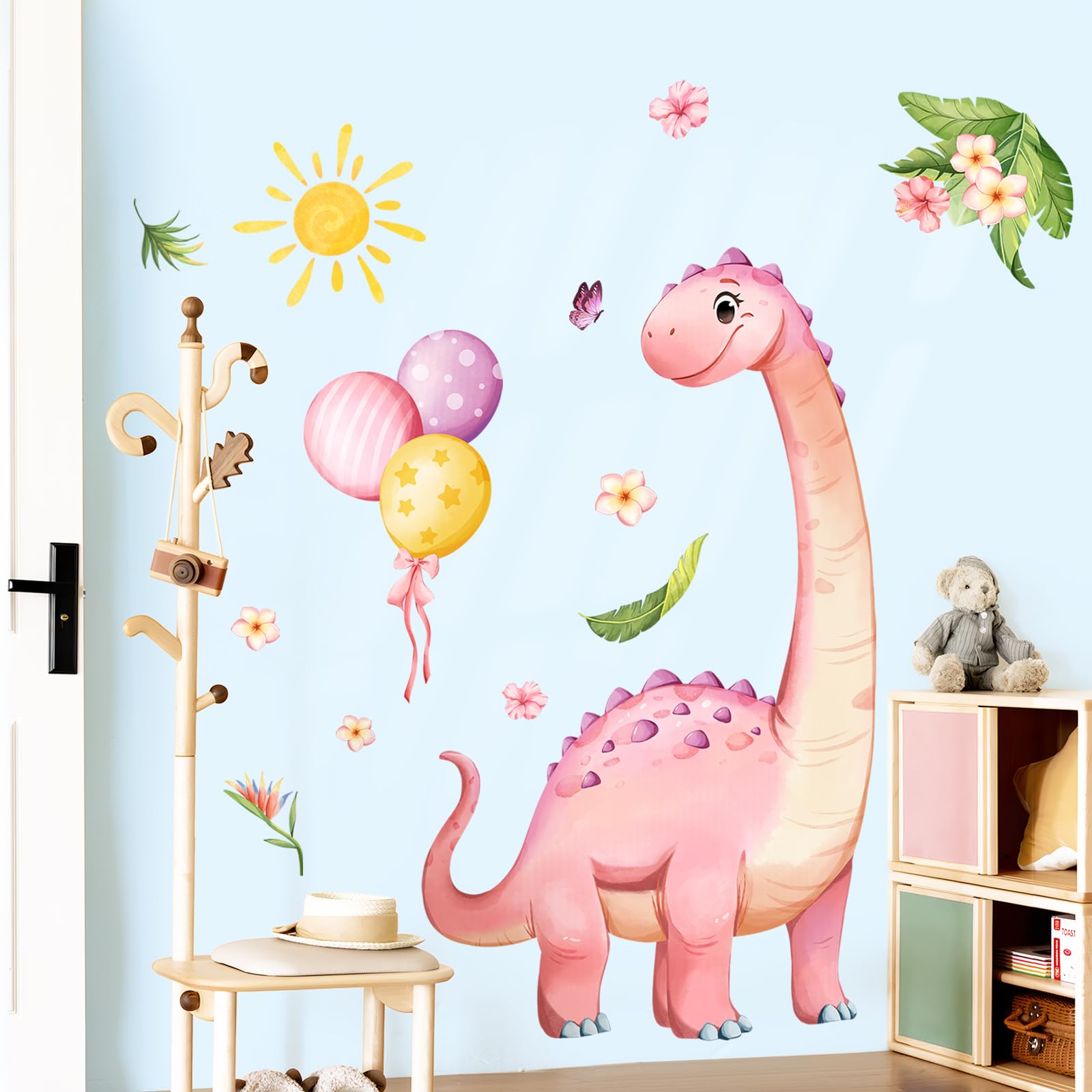 Supzone Large Dinosaur Wall Stickers for Girls Bedroom Pink Dinosaur Wall Decals Dino Wall Art Decor for Baby Girls Nursery Kids Bedroom Living Room Toddlers