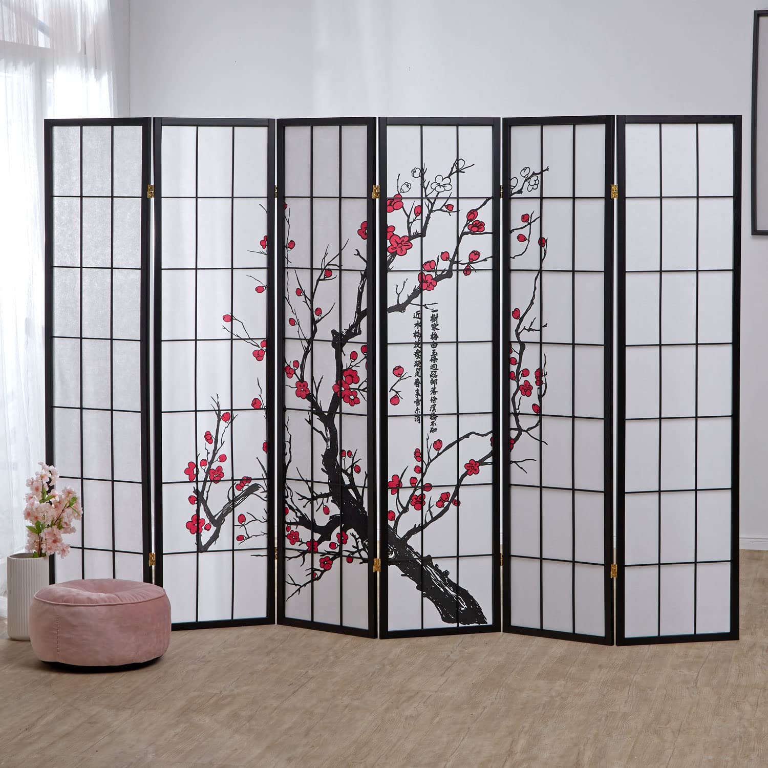 Homestyle4u Paravent Kirschblüten Muster 6-teilig, Raumteiler Shoji 179cm hoch, Trennwand innen Reispapier Holz im japanischen Stil, Artikel 2007