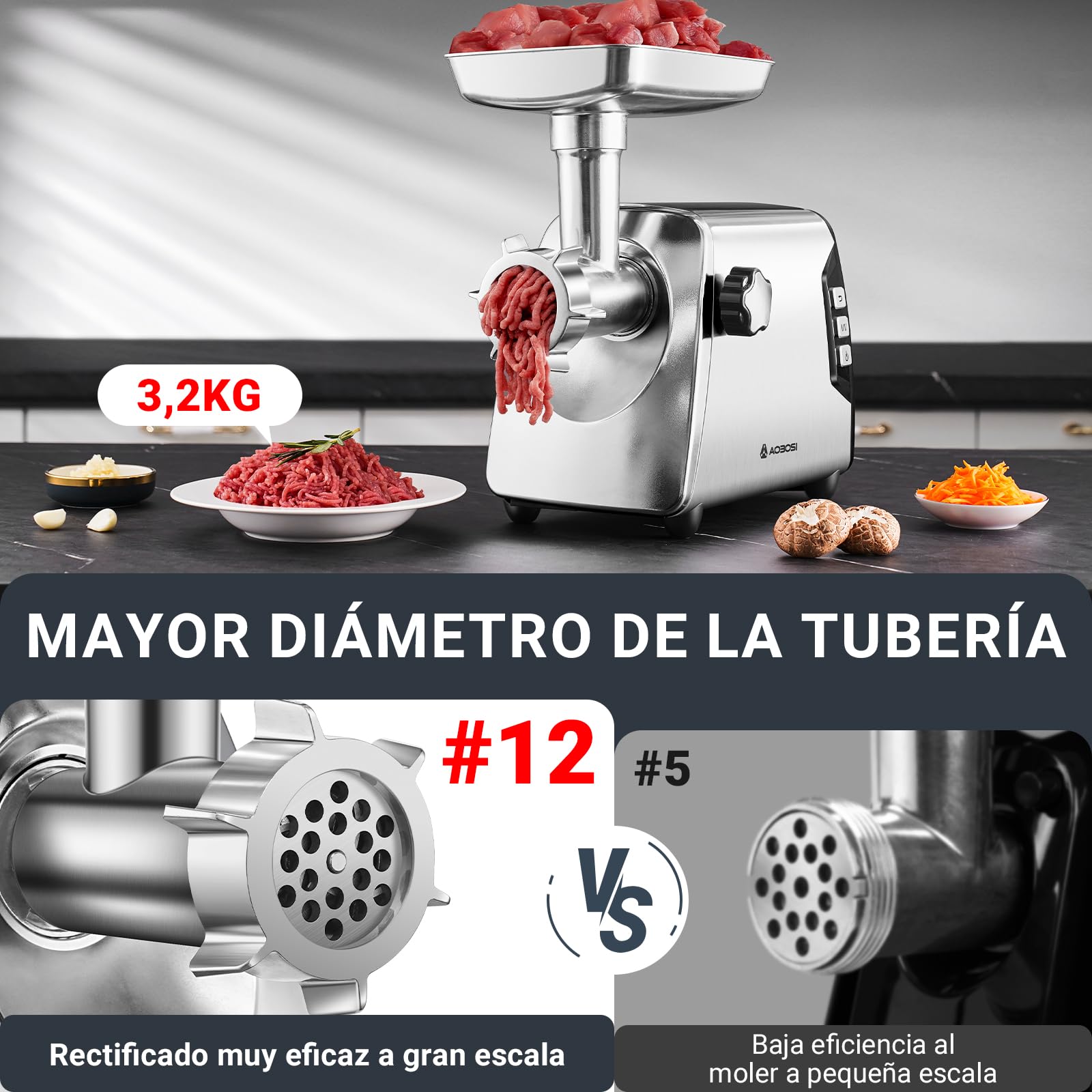AAOBOSI #12 Picadora de carne, [3000 W máx], 3 velocidades, picadora de carne eléctrica resistente: 2 cuchillas, 4 placas, 3 rellenadores de salchichas, kit de kibbe, pinza de carne, prensa para