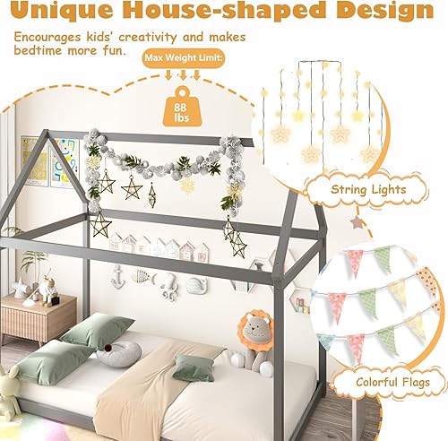 Miniatura 5 de KOMFOTT Marco de cama individual para niños, plataforma de madera maciza para niños con techo y múltiples listones, marco de cama para niños