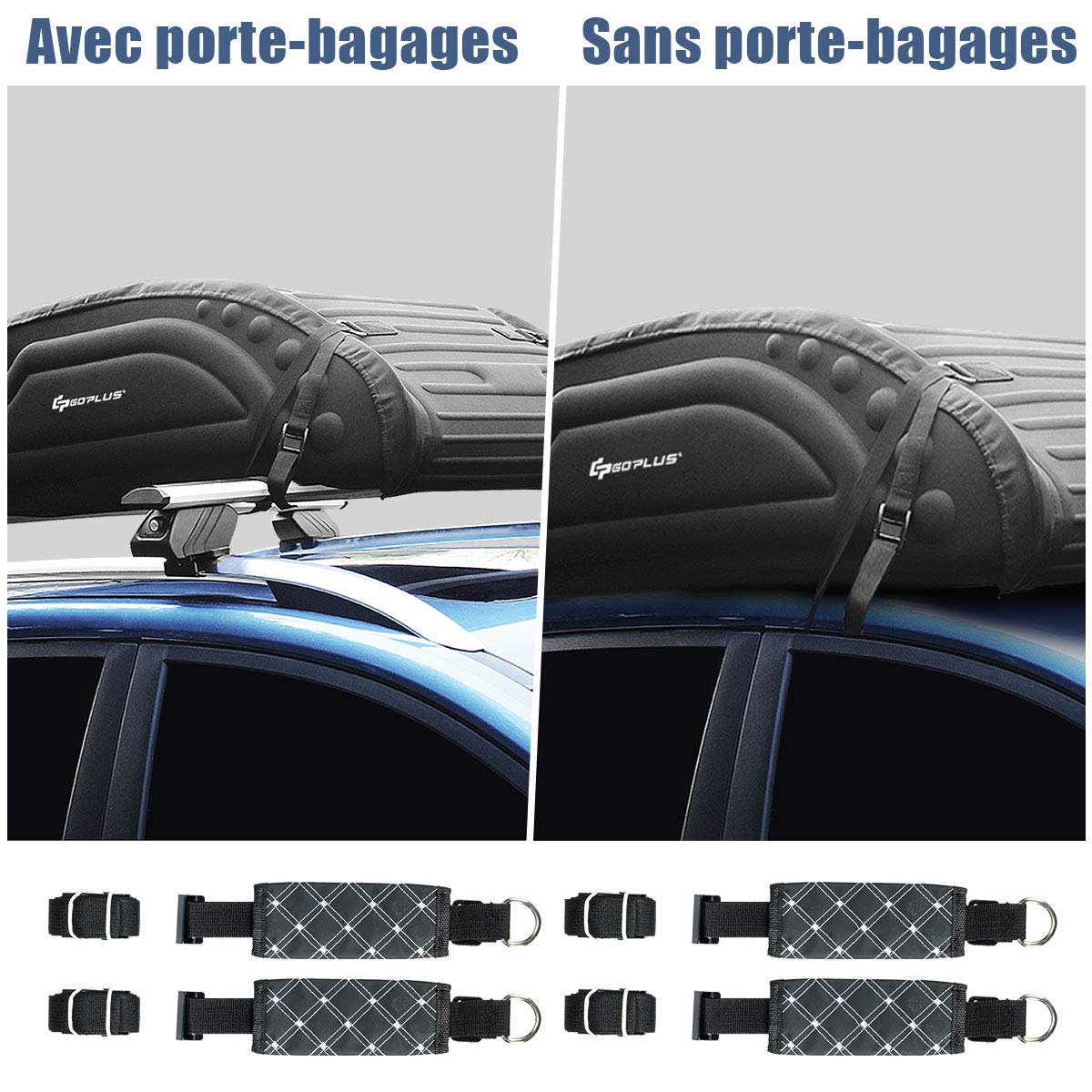 GOPLUS Coffre de Toit Voiture Pliable, 4 Cordons d’Attachement, Sac de Toit Voiture Utilisable avec ou sans Barre de Toit, Surface Imperméable, Charge 60KG, Sac de Transport, Sangle de Sécurité Dedans