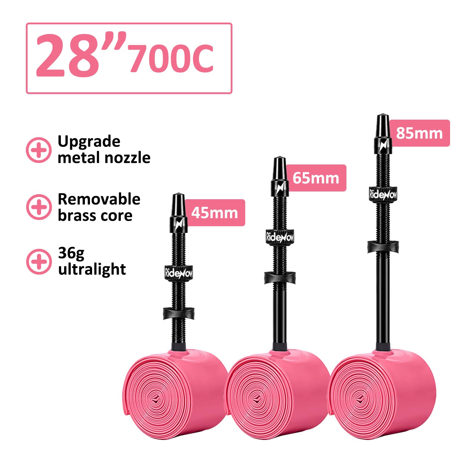 Ridenow Lot de 4 chambres à air en TPU 700 C x 18-32 C pour vélo de route ultra léger 45/65/85 mm Valve Presta en métal noir avec noyau de valve amovible