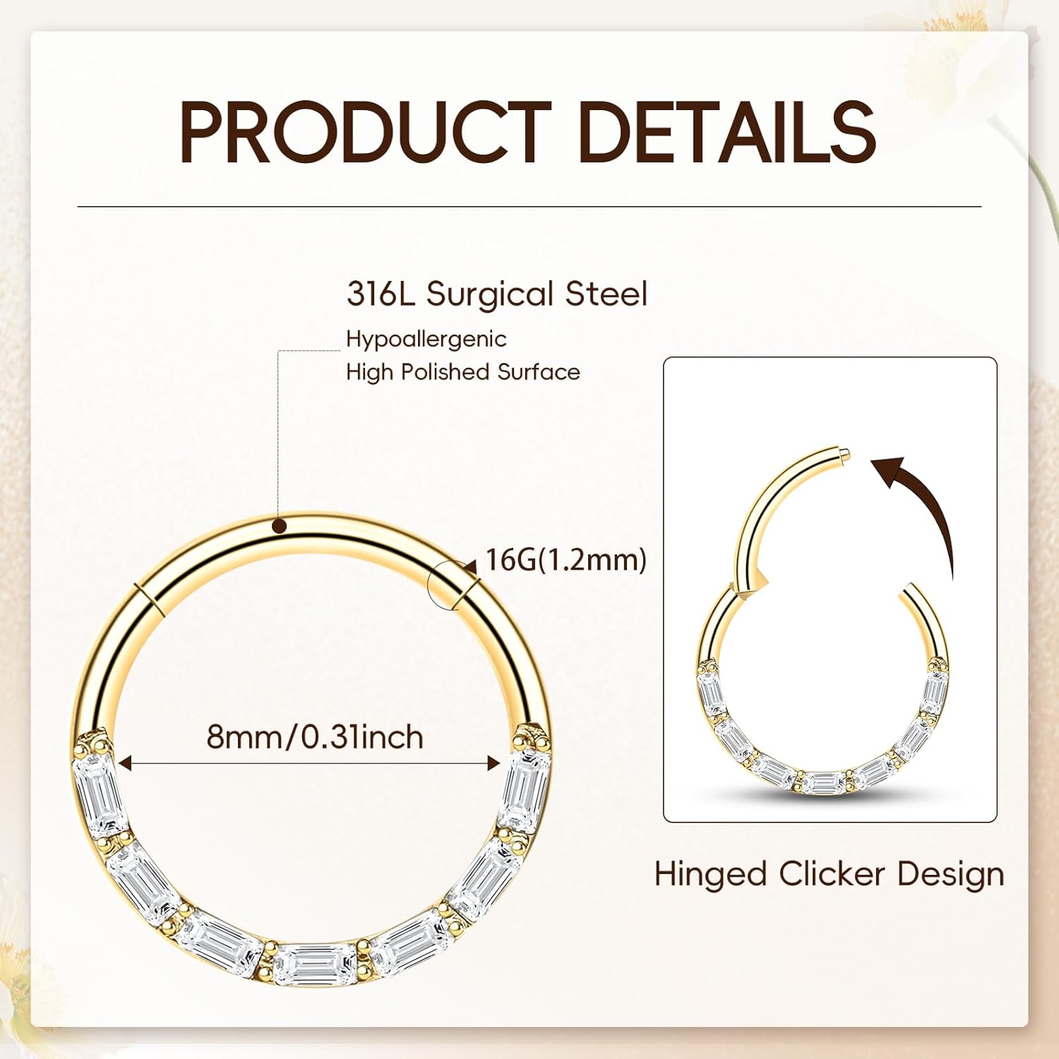 ONESING Septum Rings 16G Stianless Steel Septum Jewelry Hypoallergenic Spetum Clickers Daith Piercing Jewelry Hinged Helix Helix Tragus Nose Hoop for Women Men Silver/Gold/Black 10mm - Image 2