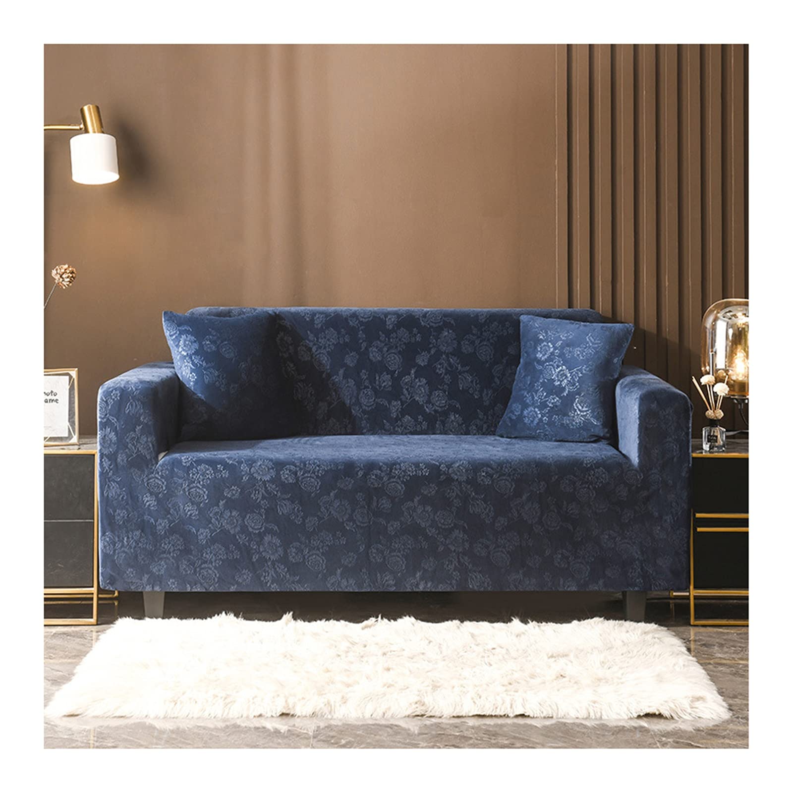 AMDXD Sofaüberwürfe 3 Sitzer, Vintage Blume und Blatt Elastische Stretch Sitzer Couchbezug Möbelschutz mit Elastischem für Wohnzimmer, in Polyester, Anti-Rutsch, Elastischer, Dunkelblau