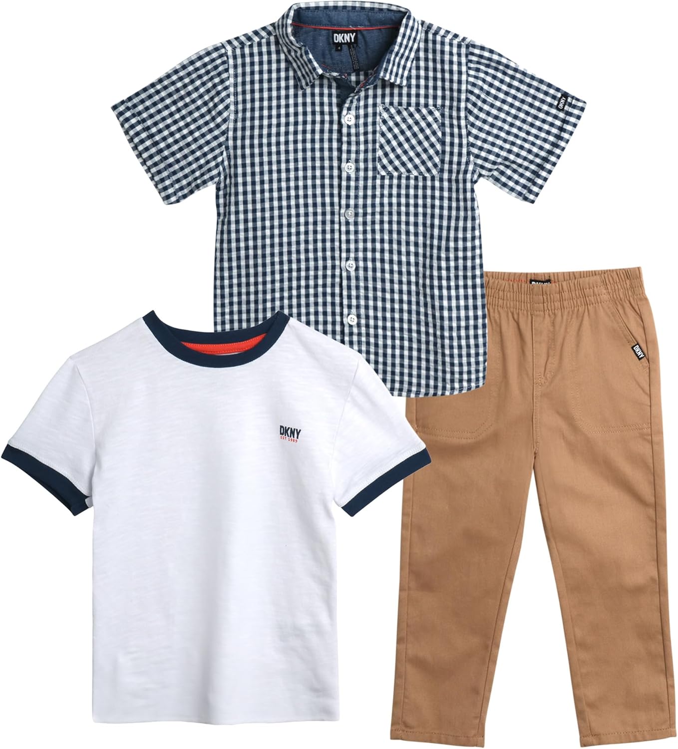 DKNY Toddler Boys Pants Set - 3 Piece Boys Button Down Shirt, Short Sleeve T Shirt, and Twill Pull On Kids Pants Outfits
