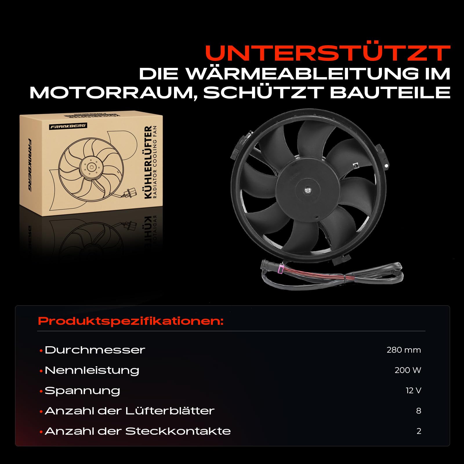 Frankberg Lüfter Motorkühlung Kühlerlüfter Kompatibel mit A4 8D2 B5 1.6L-2.8L 1994-2001 Pa.ssat 3B2 1.6L-2.8L 1996-2000 A6 4B2 C5 1.8L-4.2L 1997-2005 Replace# 7M0959455M