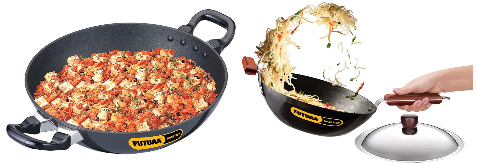 Hawkins Futura Non-Stick Stir-Fry Wok (with Stainless Steel lid) 3 L, 28 cm, 3.25 mm and Q54 Futura Non-Stick Kadhai Deep-Fry Pan, 2.5 Litres/26cm, Black