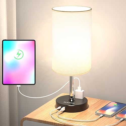 Miniatura 1 de Lámpara pequeña de mesita de noche para dormitorio, lámpara táctil regulable de 3 vías con estación de carga USB y salida de CA, base de madera y