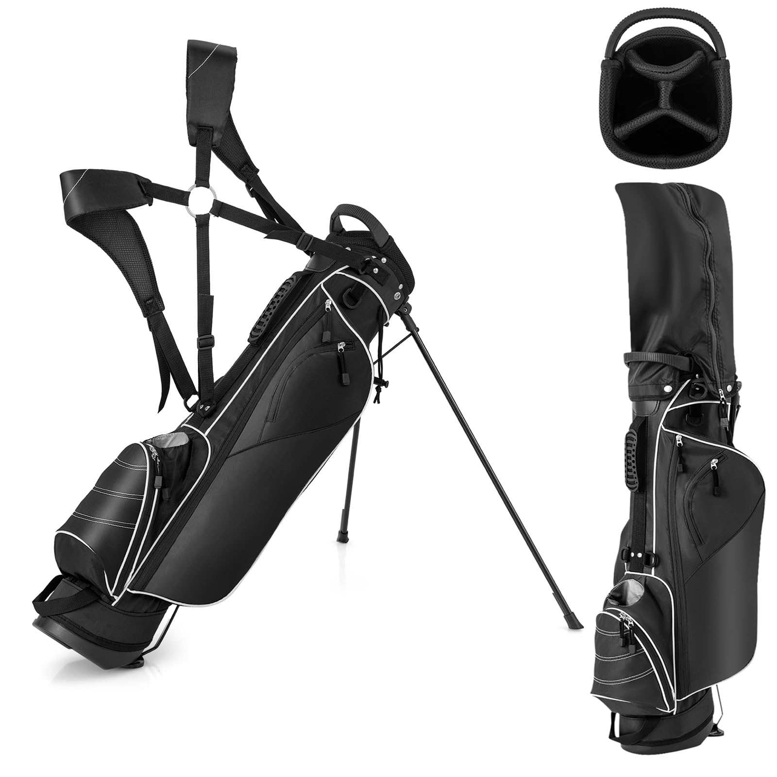 GYMAX Bolsa con Trípode de Golf, 4 Divisores, 4 Bolsillos con Cremallera, Correas de Hombro Ajustables, Bolsa de Golf Portátil con Cubierta Impermeable, Unisex Adulto