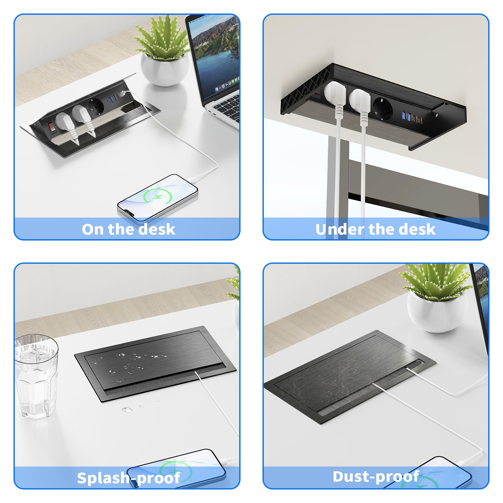 Versenkbare Steckdose mit USB-C PD 30W, 3-Fach, Aluminium, Schwarz | 4 USB-Ports, 2x USB-A QC 18W, Verstellbarer Winkel, Kabelführung, 1,8 m Kabel, Schreibtisch & Küche