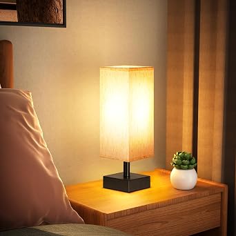 aooshine Small Bedside Table Lamp for Bedroom - Square Cream Fabric Shade