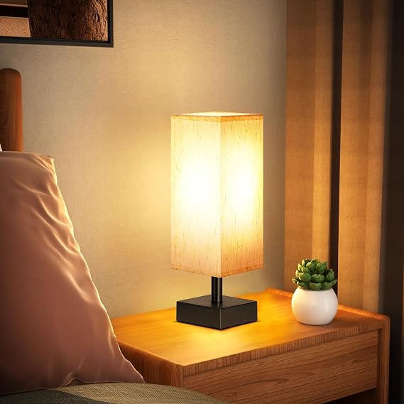 aooshine Small Bedside Table Lamp for Bedroom - Square Cream Fabric Shade