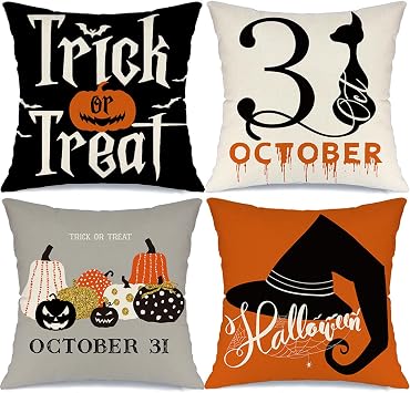 Halloween Decorations Pillow Covers 18x18 Set of 4 Trick or Treat Black Cat Throw Pillow Covers Indoor Outdoor Fall Pumpkin Decorative Pillow Covers Witch Hat Cushion Cases for Sofa Couch
