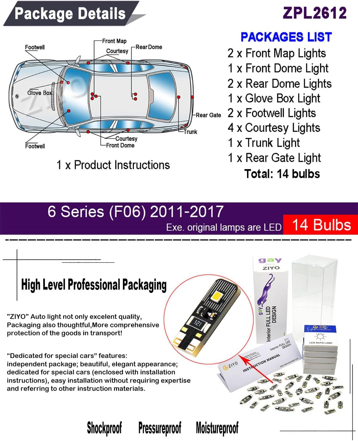 ZIYO LED Interior Light Kit for BMW F06 6 Series Gran Coupe 2011-2017 Dome Light Bulbs Replacement Package, 6000K Xenon White LED Lights Upgrade Error Free (14 Bulbs)