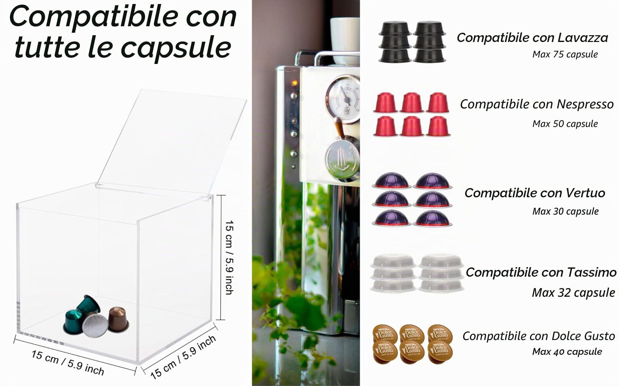 Exzact Cubo per capsule di caffè da 15 cm in acrilico, organizer per cestini per cialde di caffè, porta capsule trasparente, contenitore multifunzione