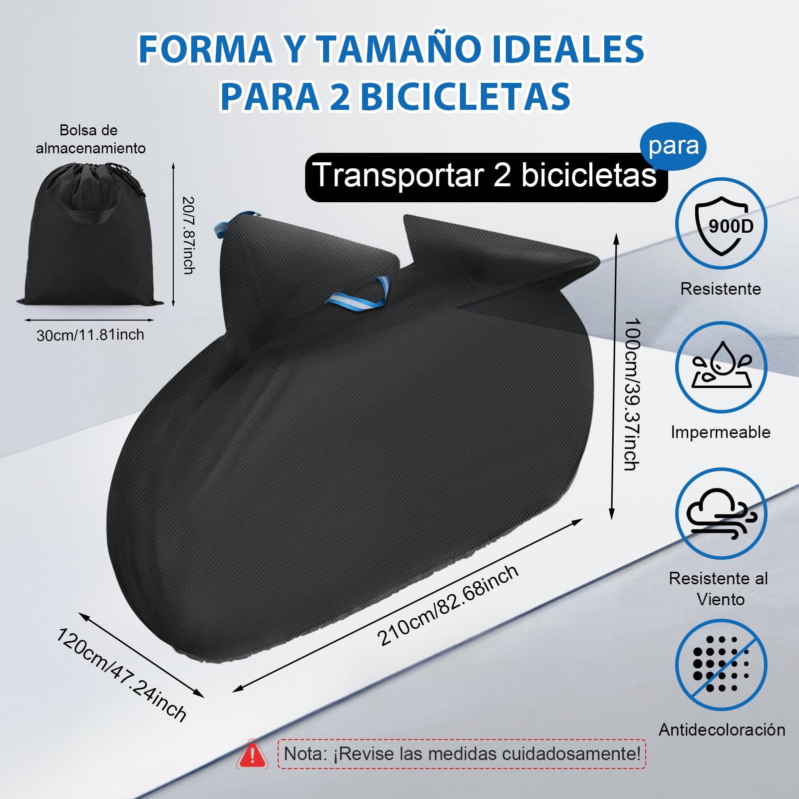 Funda Bicicleta para 2 Bicicletas - 900D Exterior Impermeable Funda Recubrimiento de PU Funda para Bicicleta, con Cordón Elástico de 6M, Compatible con Portabicicletas de Coche