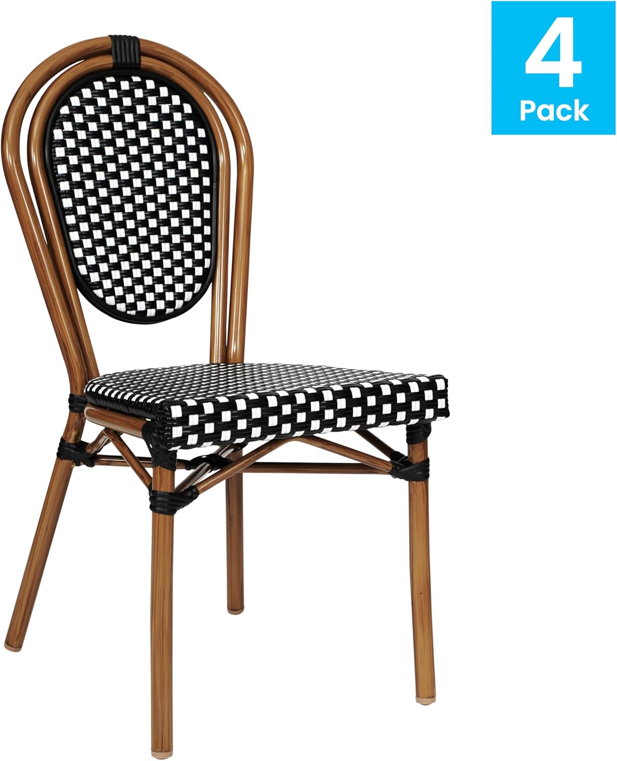 Flash Furniture Lourdes Indoor/Outdoor Commercial Thonet Bistro Stack Chair - Black/White PE Rattan Back and Seat - Natural Bamboo Print Metal Frame - 4 PK