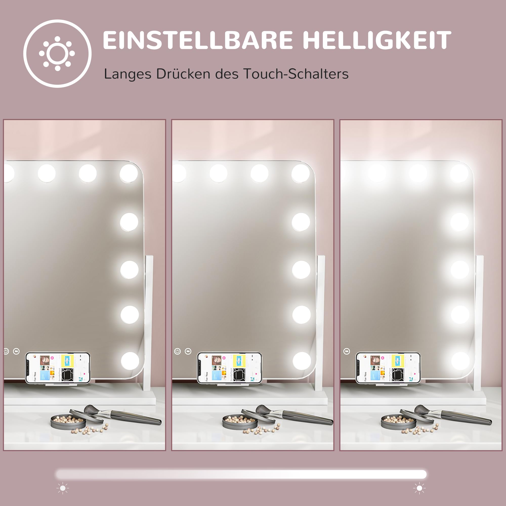 HOMCOM Hollywood Spiegel mit Beleuchtung 62,5x52 cm Schminkspiegel Weiß | 360°Drehbar, 15 LED, 3 Lichtfarben, USB-Ladeanschluss, Handyhalterung, Touchschalter, Kosmetikspiegel, 10X Vergrößerung