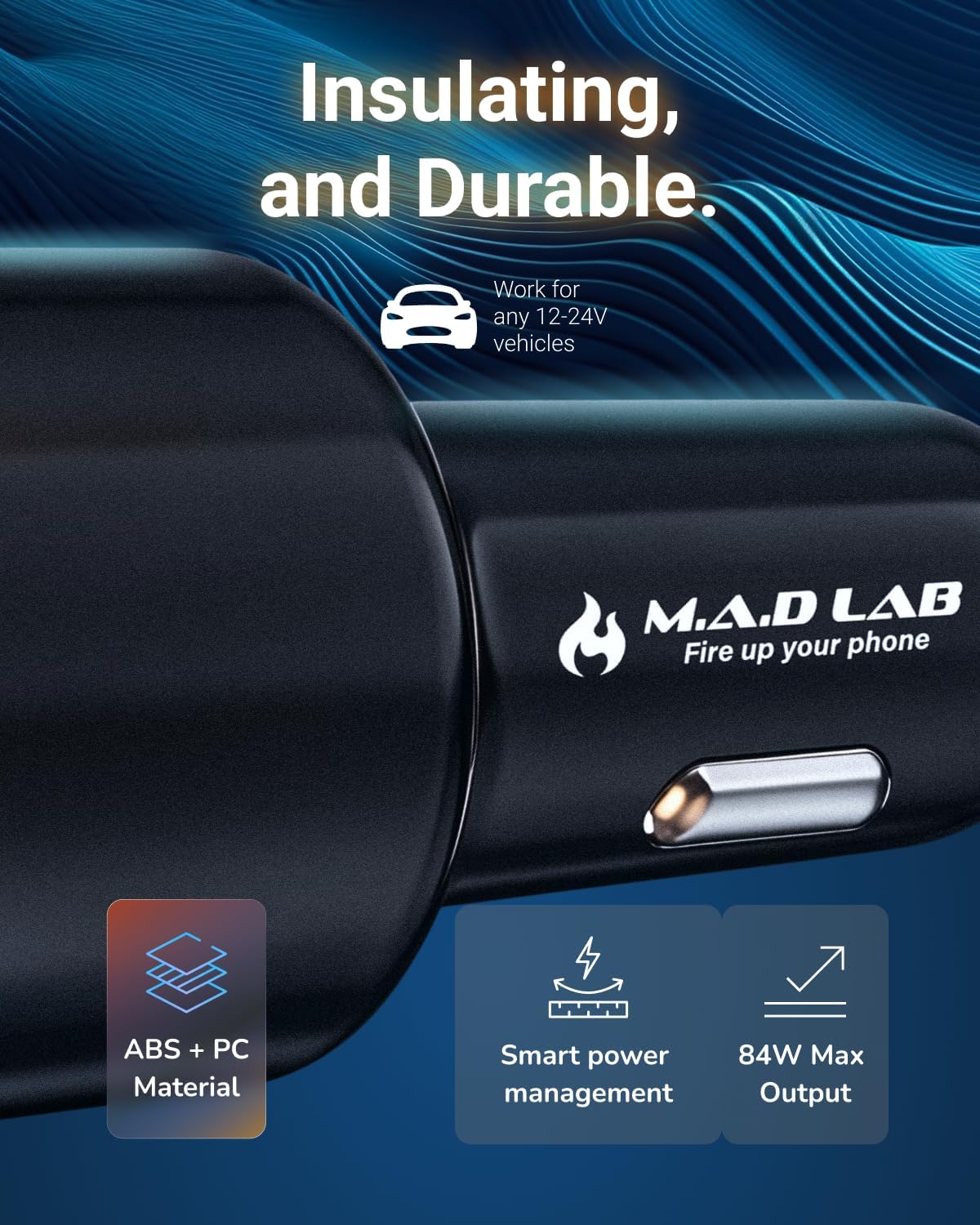 M.A.D Lab 84W Cigarette Lighter USB Charger, Fast Charging PD QC 3.0 Dual 33W USB-C and 18W USB-A, 12V Outlet Car Charger USB C for iPhone 17/16/15/14/13, iPad, Android, Galaxy, Switch and More