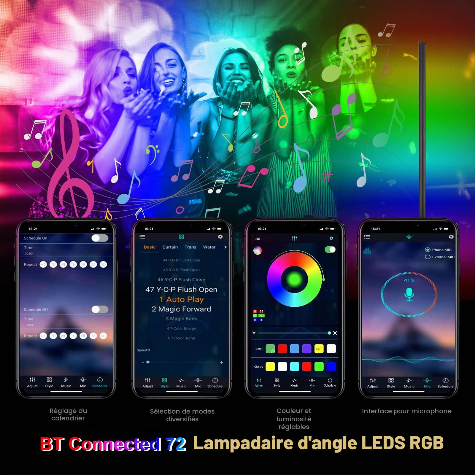Neoglint Lampadaire d'angle a Intensité Variable, Lampadaire Connecté 72 LED, 11w,1800 lm RGB avec Télécommande APP, Synchronisation de La Musique, Convient Pour Chambre a Coucher, Salle de Jeux