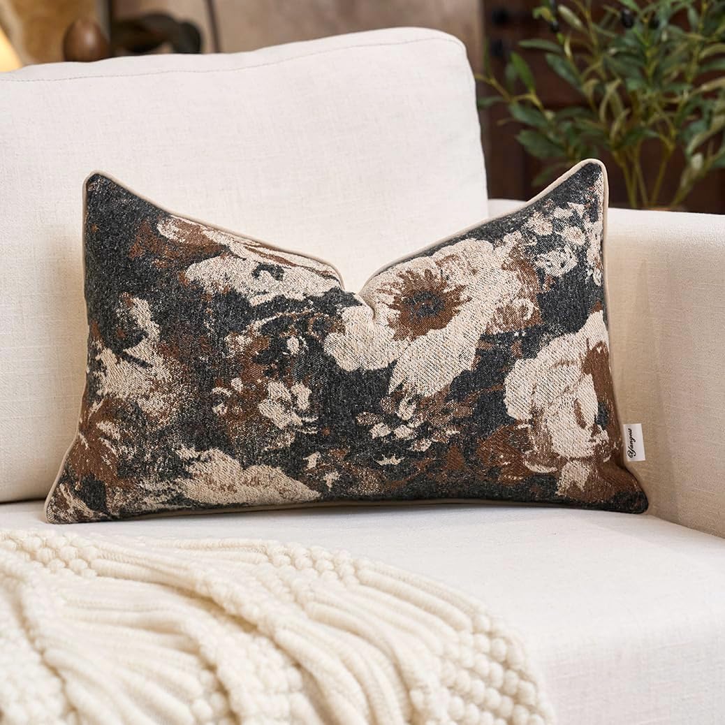 Yangest Neutral Flower Pillow Cover 12 x 20 Inches, Nature Chenille Rectangle Throw Pillow Cover Soft Luxury Accent Couch Pillow Cover for Living Room Bedroom, Coffee Brown
