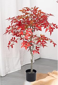 Realistic Red Maple Artificial Tree with Pot, Tall Fake Maple Tree with Red Maple Leaves, Artificial Plants for Home Office Decor130cm51 1/8"