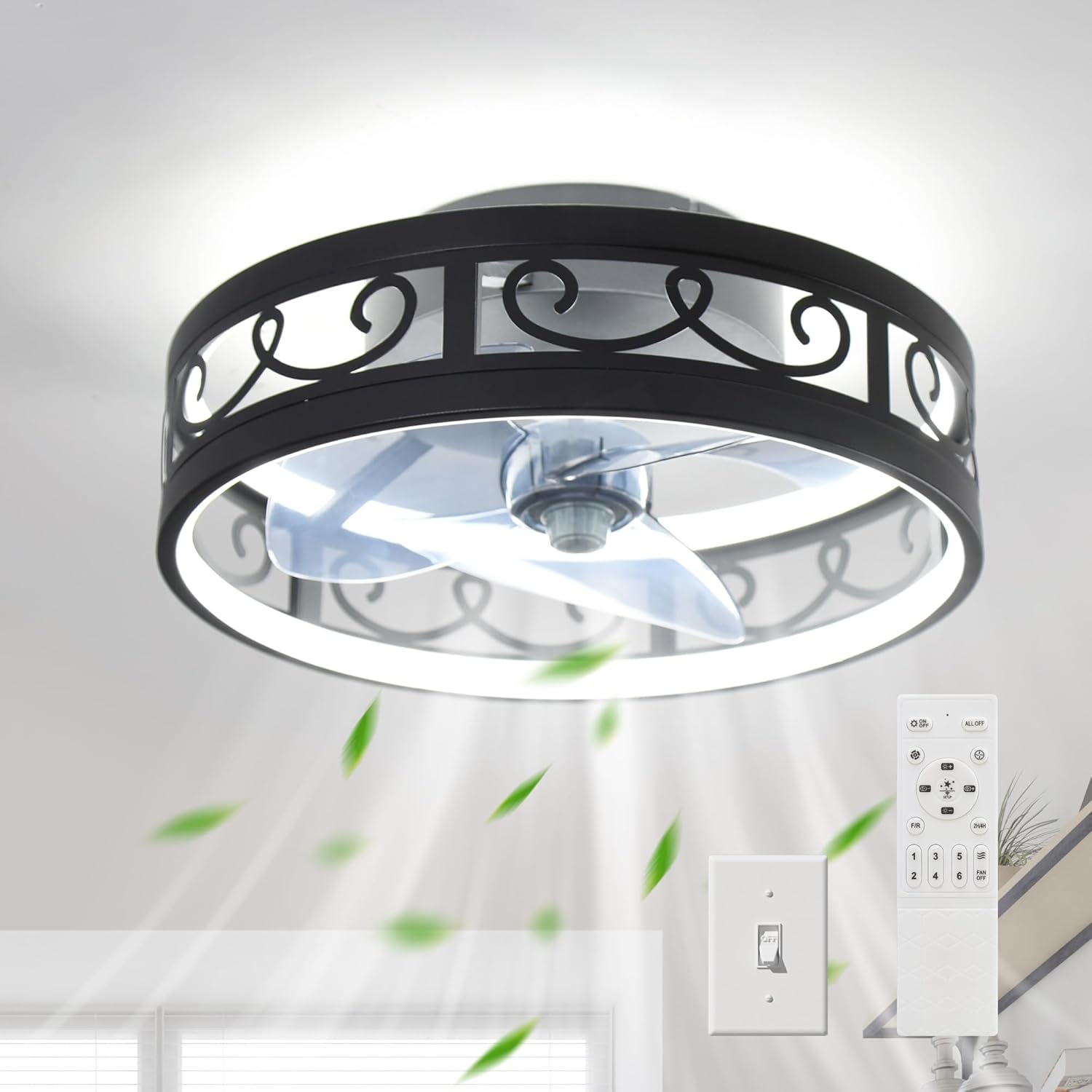 Ceiling Fans with Lights and Remote 15.7in 6 Speed Dimmable LED Black Wrought Iron Caged Ceiling Fan with Light Flush Mount 45W Bedroom Ceiling Fan for Living Room Dining Room Restaurant Office