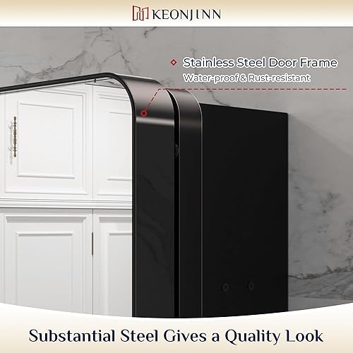 Miniatura 4 de Keonjinn Gabinetes de medicina negros de 16 x 24 pulgadas para baño con espejo con marco de acero inoxidable, estantes rectangulares redondeados