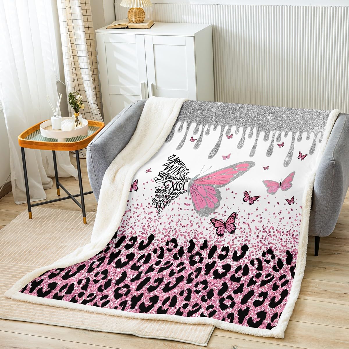 Manfei Pink Butterfly Throw Blanket Silver Glitter Bed Blanket for Kids Girls Adult Room Decor Pink Leopard Print Blanket for Couch Sofa Soft and Breathable Fleece Blanket(90 x 90 Inches)