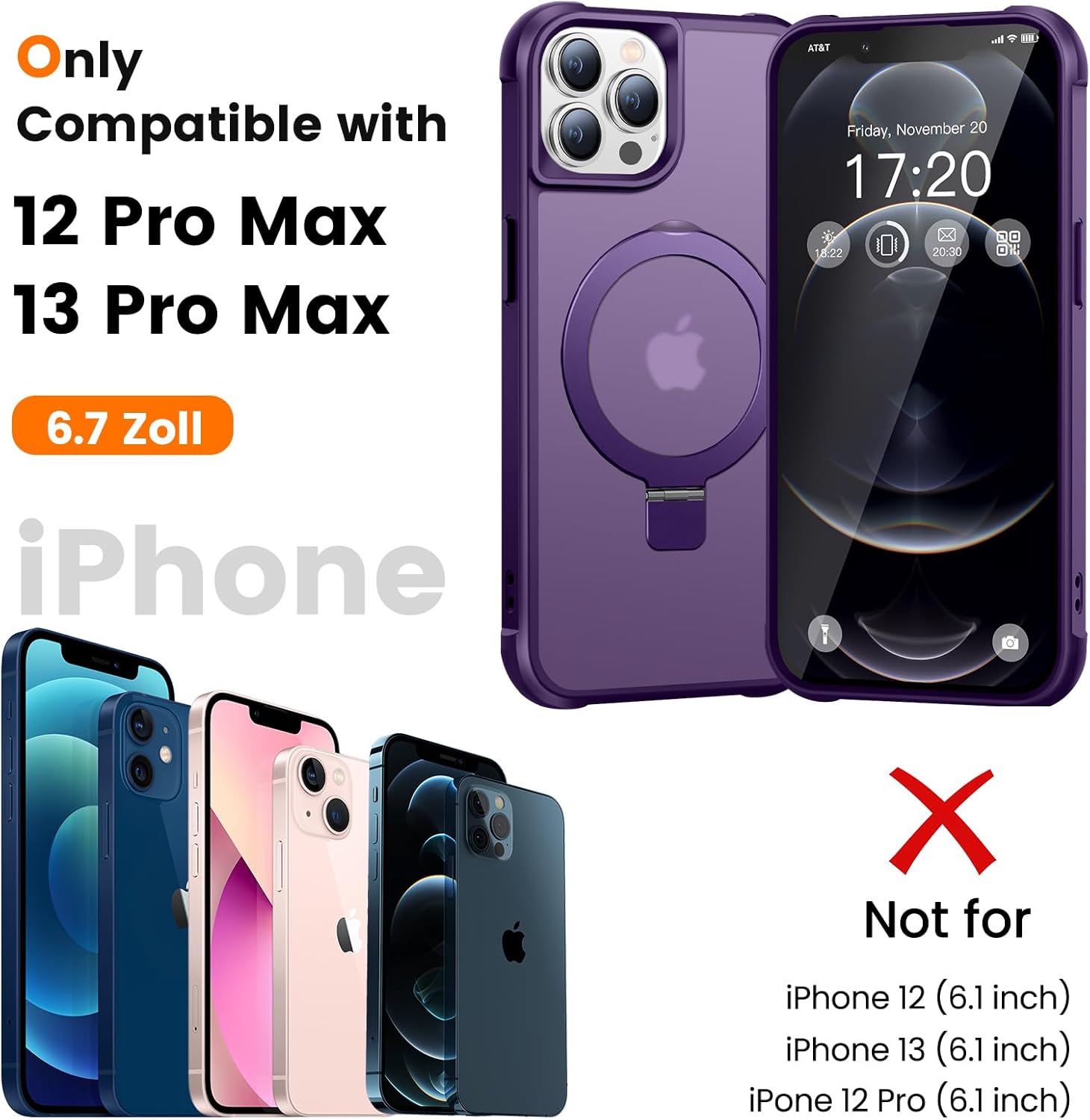Magnetic Ring Stand Case for iPhone 12 Pro Max/13 Pro Max - 120° rotatable Stand, N52 Magnet, Non-Slip, Matt Transparent Back, Easy to Clean, Shockproof, Drop Protection (Violet)