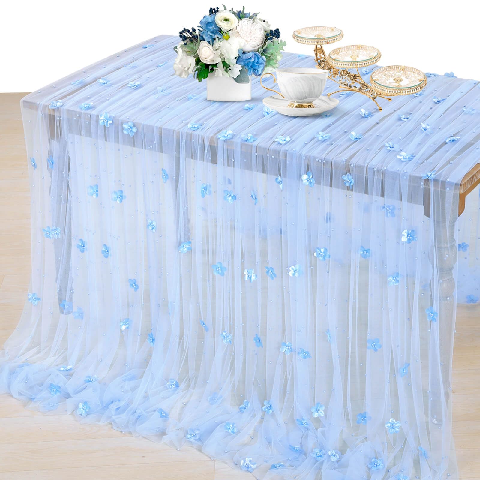 View 1 of 3 Pack Baby Blue Floral Pearl Tulle Tablecloths 10ft Sheer Table Linens