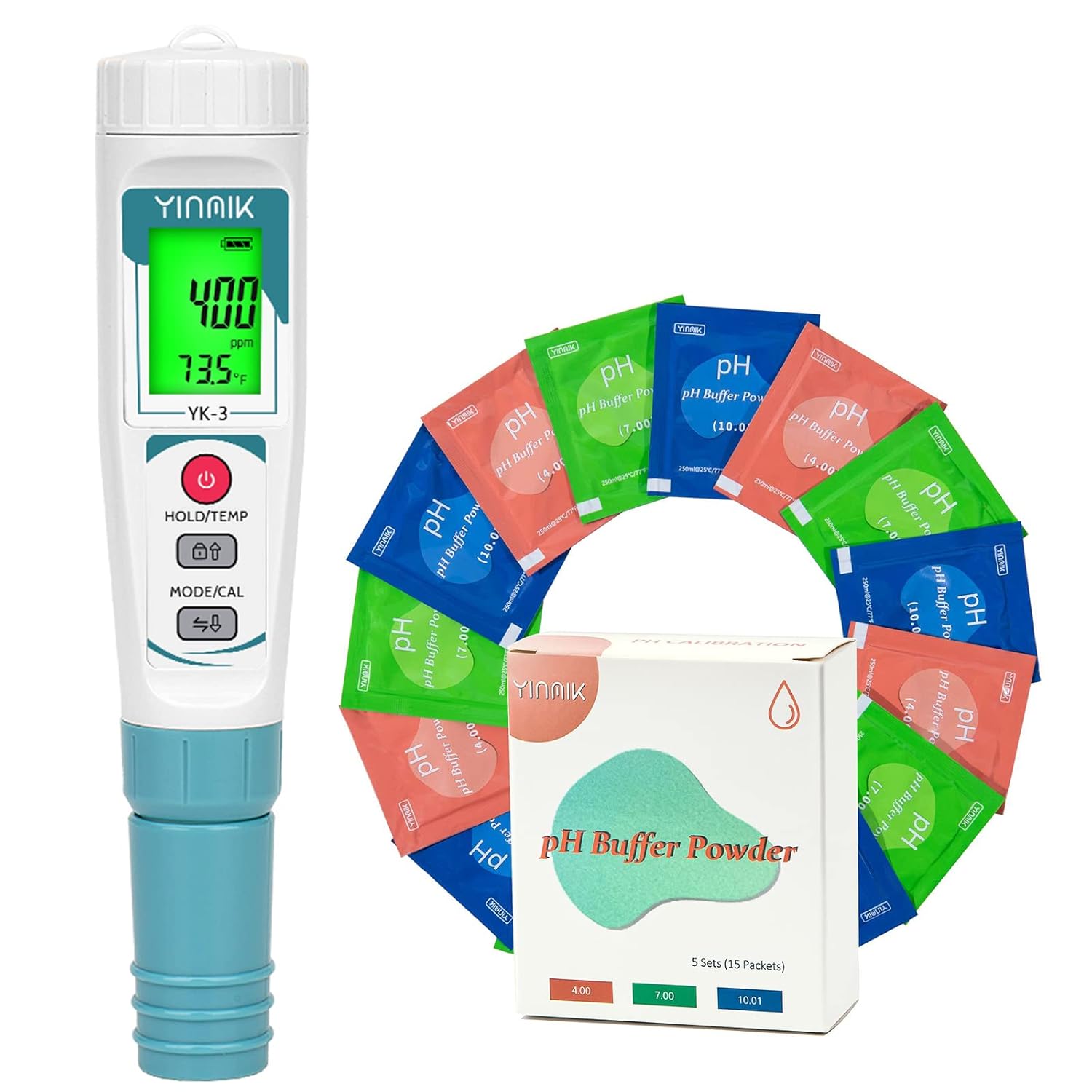 YINMIK PH PPM Tester with 15 Packets PH Calibration Buffer Powder