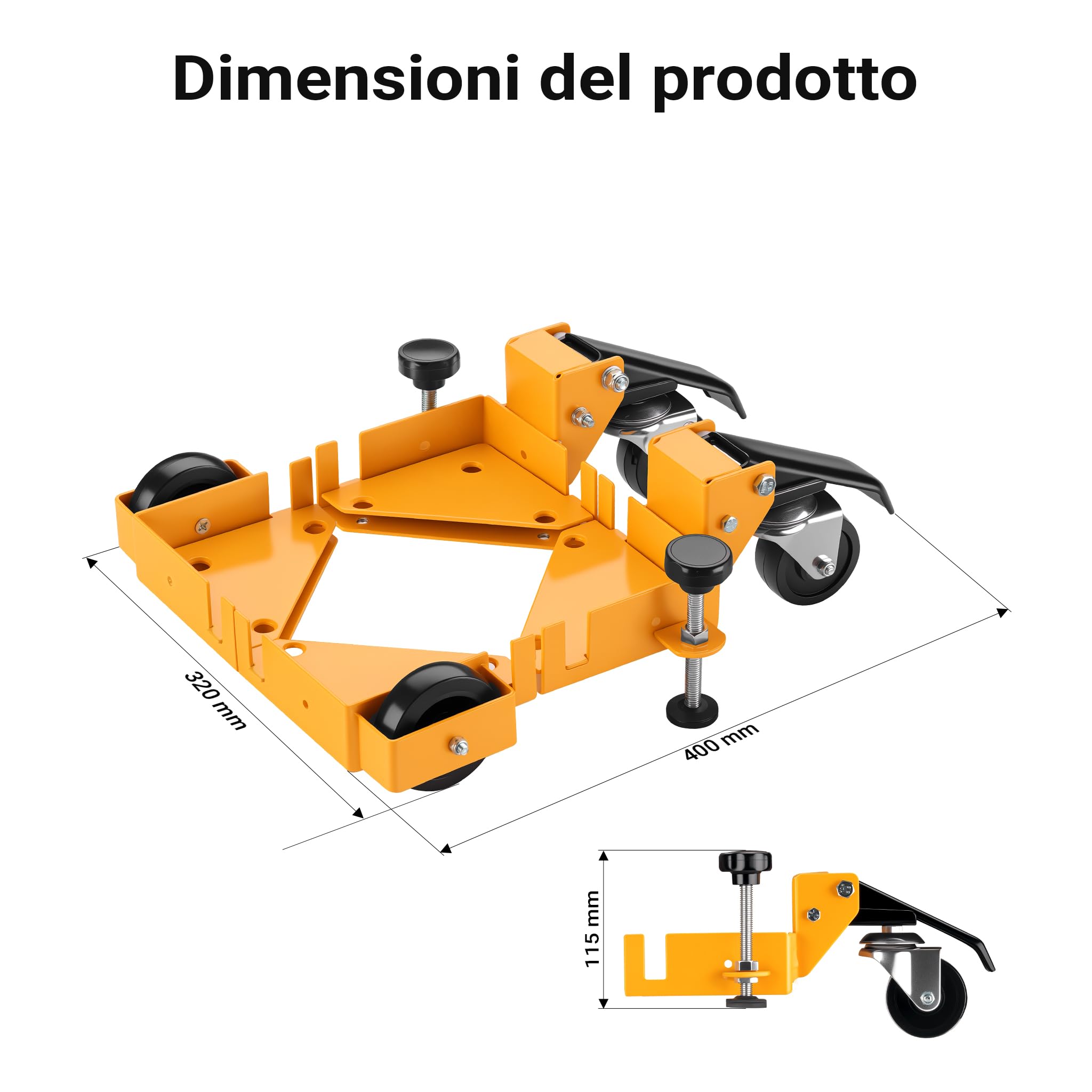 Wiltec Set di 4x ruote per carrelli, ruote per mobili pesanti, rotelle con portata fino a 180 kg, ruote pivottanti con freno, per carichi pesanti