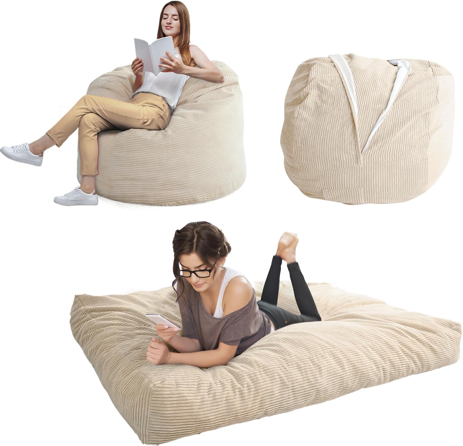Giant Bean Bag Chair Bed for Adults, Convertible Beanbag Folds from Lazy Chair to Floor Mattress Bed, Large Floor Sofa Couch, Big Sofa Bed, High-Density Foam Filling, Machine Washable