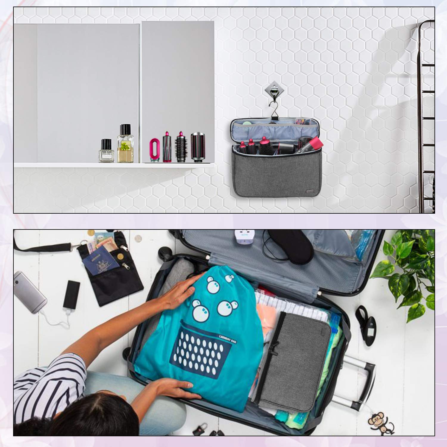 Teamoy Bolsa Viaje de Rizador de Pelo, Organizadora de Viaje para Accesorios Styler, Bolsa Cepillo Rizador de Pelo, Bolsa para Rizador Secador, Gris