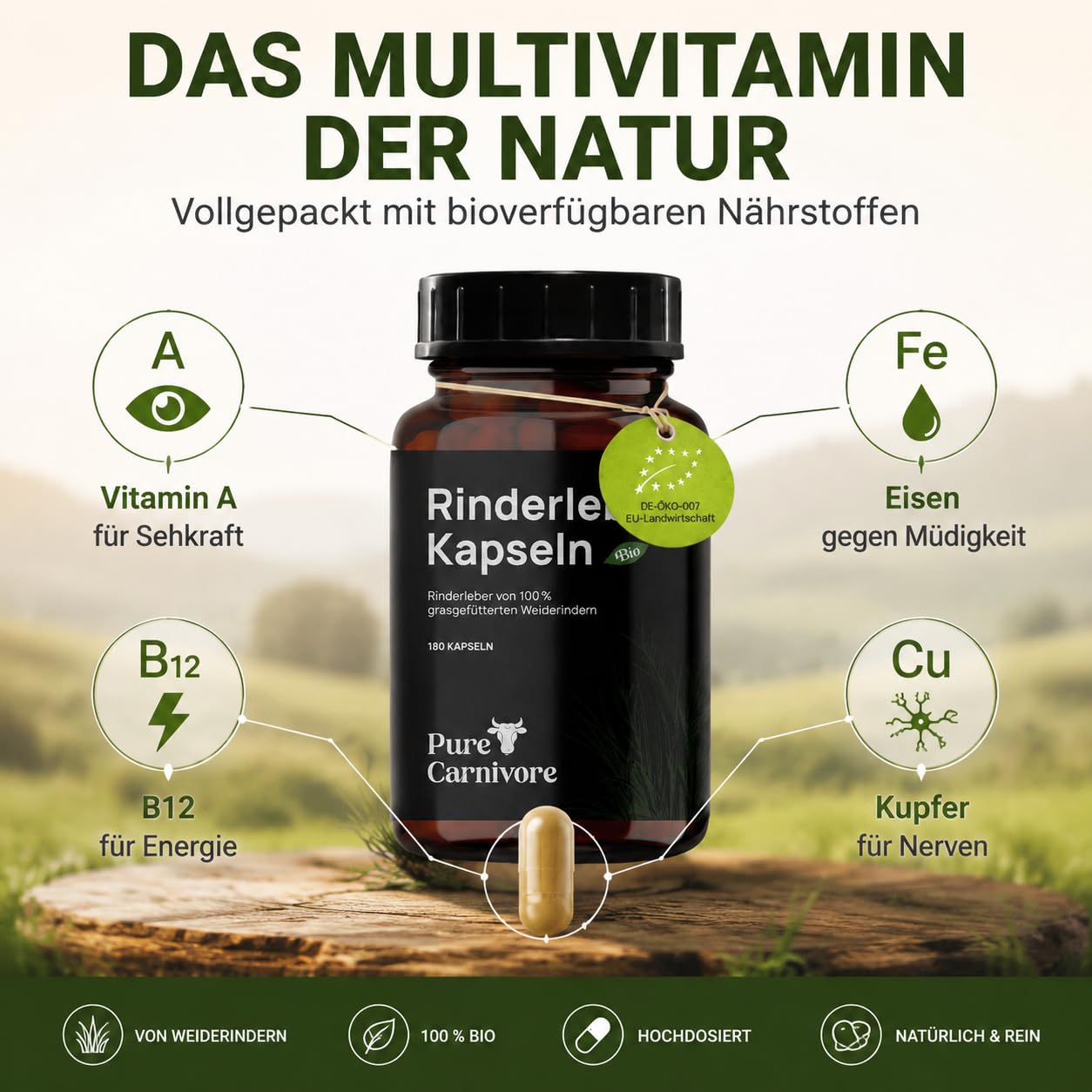 Bio Rinderleber Kapseln 180 Stück | 30-Tage-Packung | Weiderinder | Natürliches Vitamin A, B12, Eisen, B2, B3, B5, Folsäure, Kupfer | Für Keto- & Paleo-Ernährung