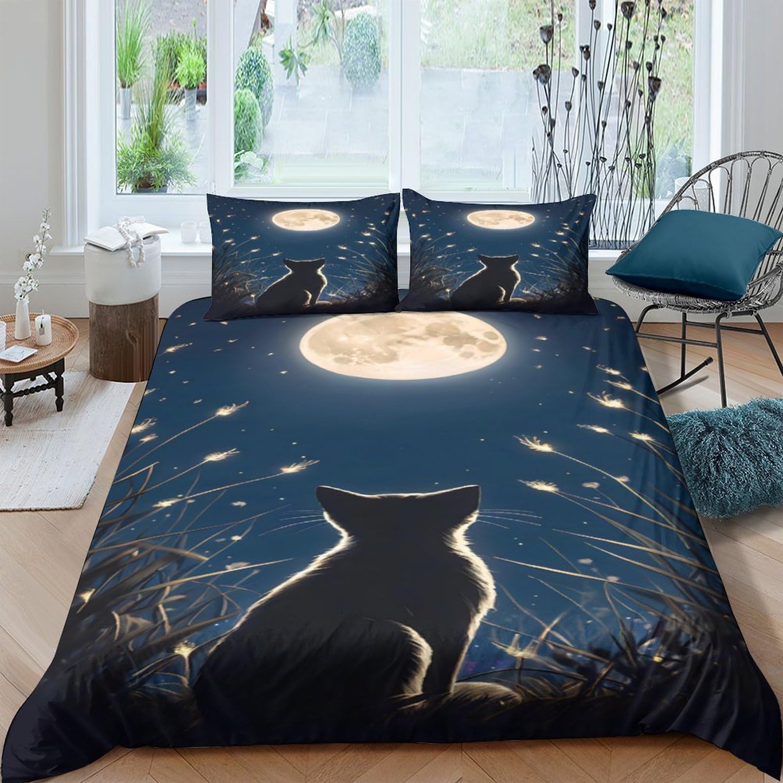 Ctjqhvkz Style-5 3D Printed Moonlight Cat Fitted Sheet Microfiber Soft Breathable Night Star Mattress Cover For Bedroom Home Decor Single（135X200cm）