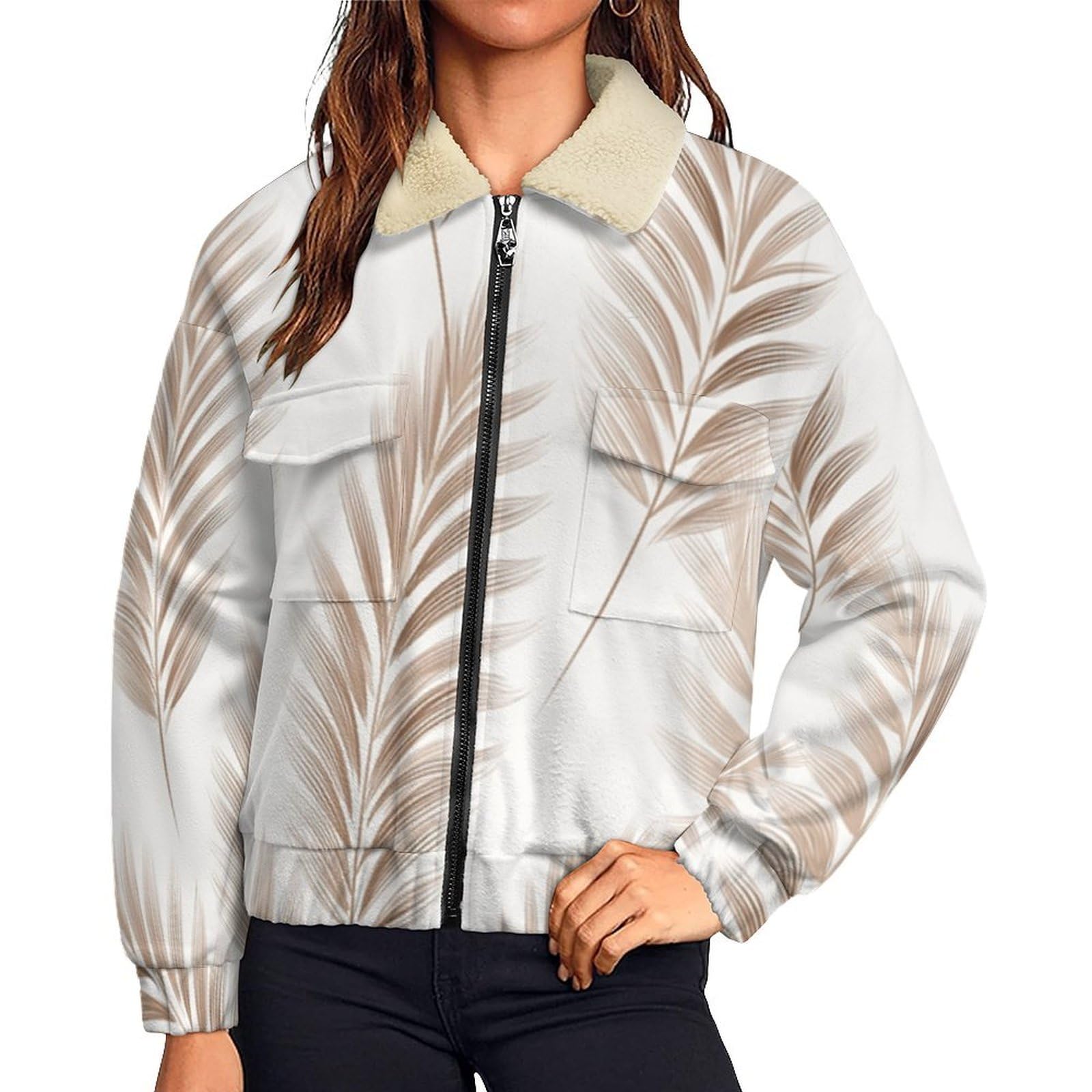 Giacca in Pile da Donna Teddy Fodera Peluche Sherpa con Cerniera, Stampa foglie palma, Giacca Paesaggio tropicale Caldo Fleece Maniche Lunghe, Giacche Inverno con Tascabile