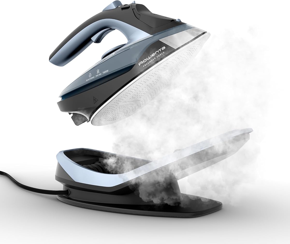 Freemove Plancha a Vapor Inalámbrica, 1600 Watts, Suela de Acero Inoxidable, Calentamiento Rápido, Vaporizador Portátil para Ropa, Recargable para Planchado Inalámbrico, Plancha a Vapor de Mano, Azul, DE6730