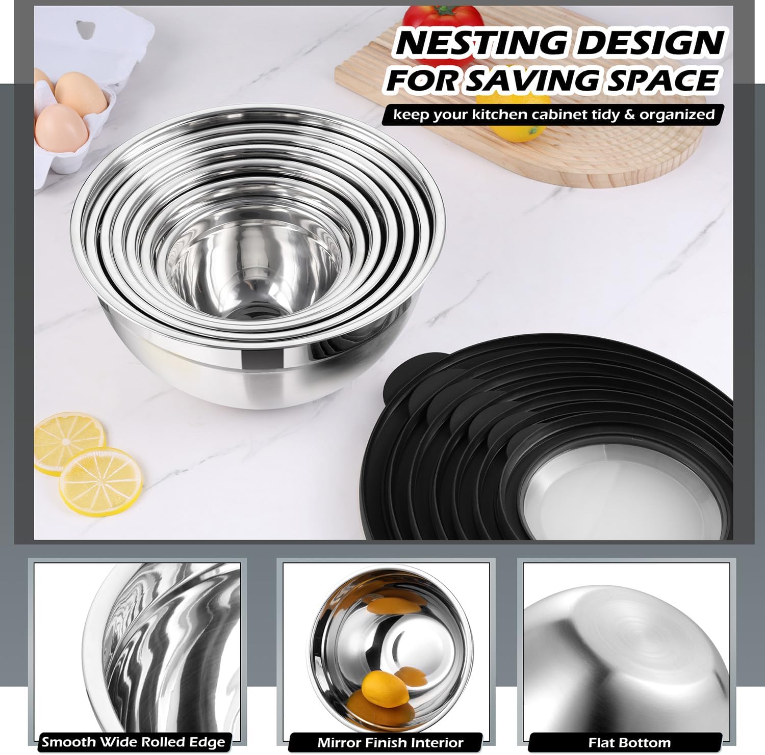 Mixing Bowls with Lids Set of 7, Walchoice Stainless Steel Mixing Bowls with Visible Airtight Lids, Metal Nesting Salad Bowls for Cooking Baking Serving, Size 4.6, 3.5, 2.6, 2, 1.5, 1, 0.7 QT - Black