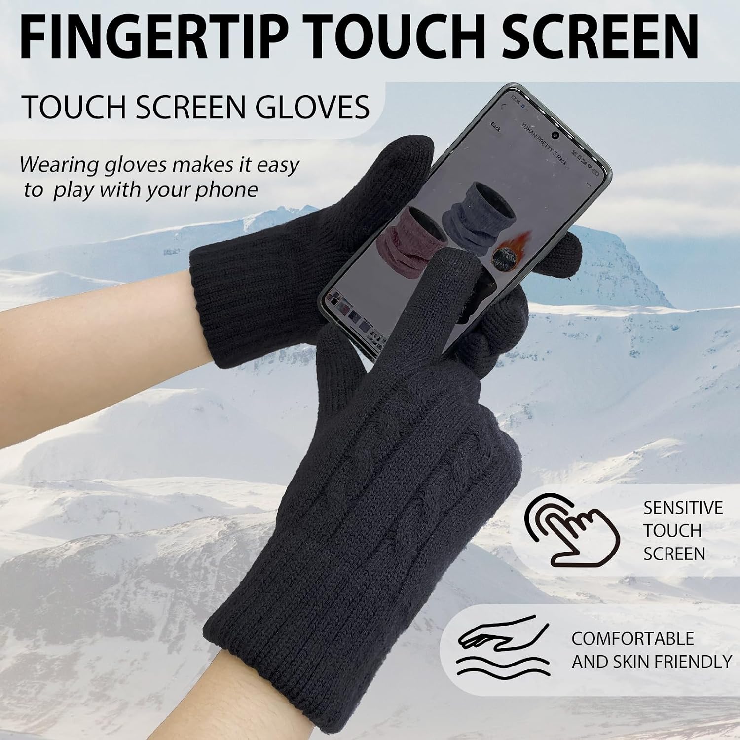Winter Gloves for Men Wool Thermal Fleece Touchscreen Knit Warm Snow Gloves for Running Cycling Cold Weather