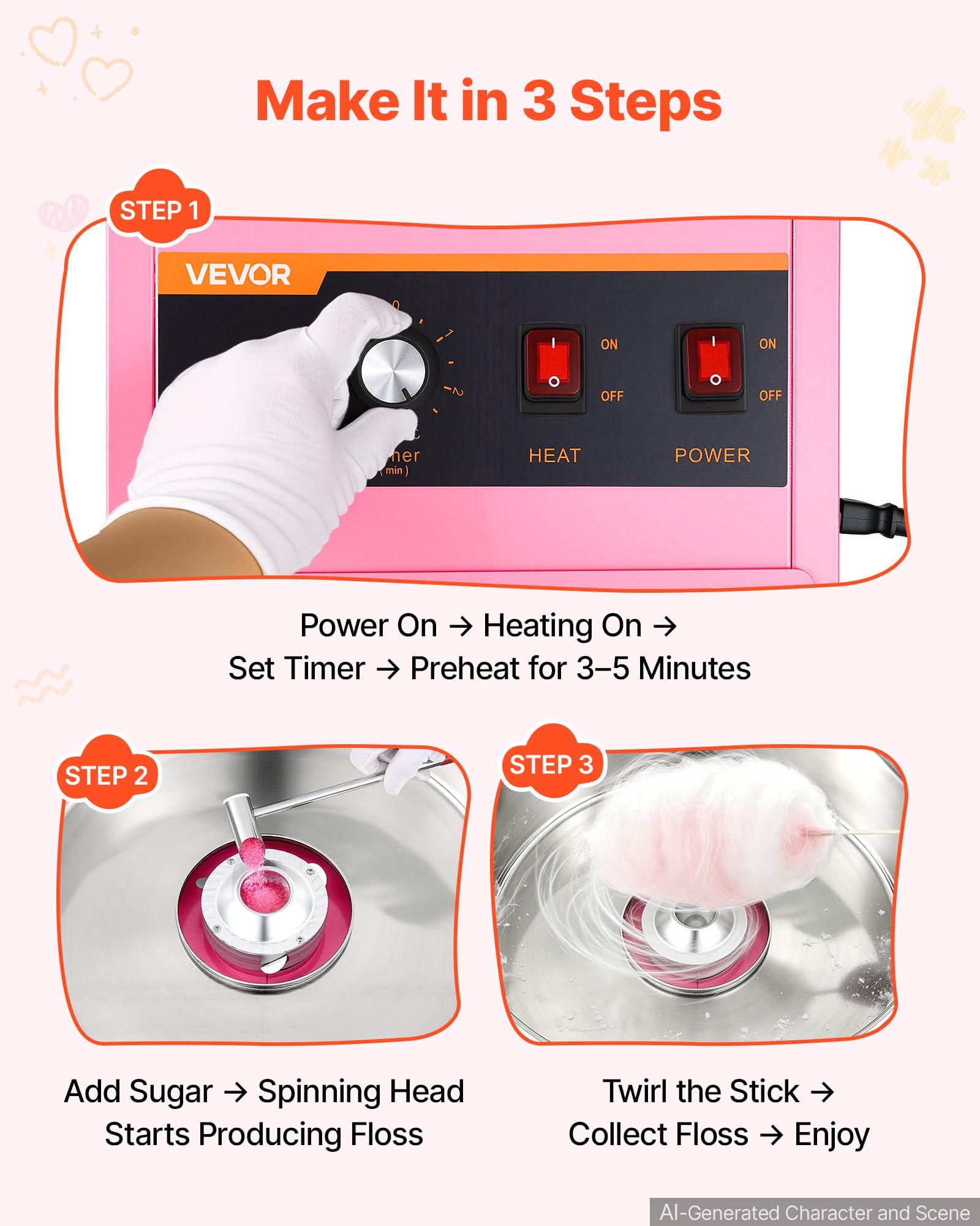 VEVOR Machine à Barbe à Papa Professionnelle, 1000 W, De Comptoir, Rose