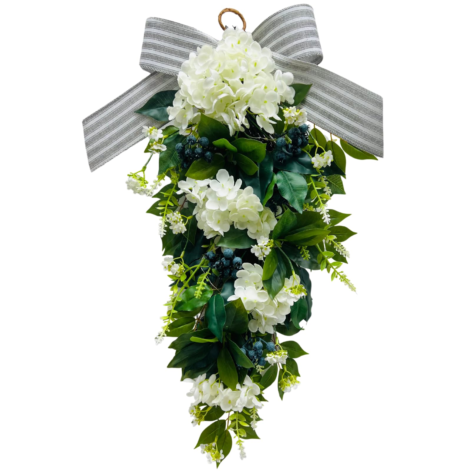 Floral Teardrop Swags All Season Lighted Teardrop Wreath with Timer(Steady and Flashing Modes) Artificial Blueberry White Hydrangea Eucalyptus Leaves